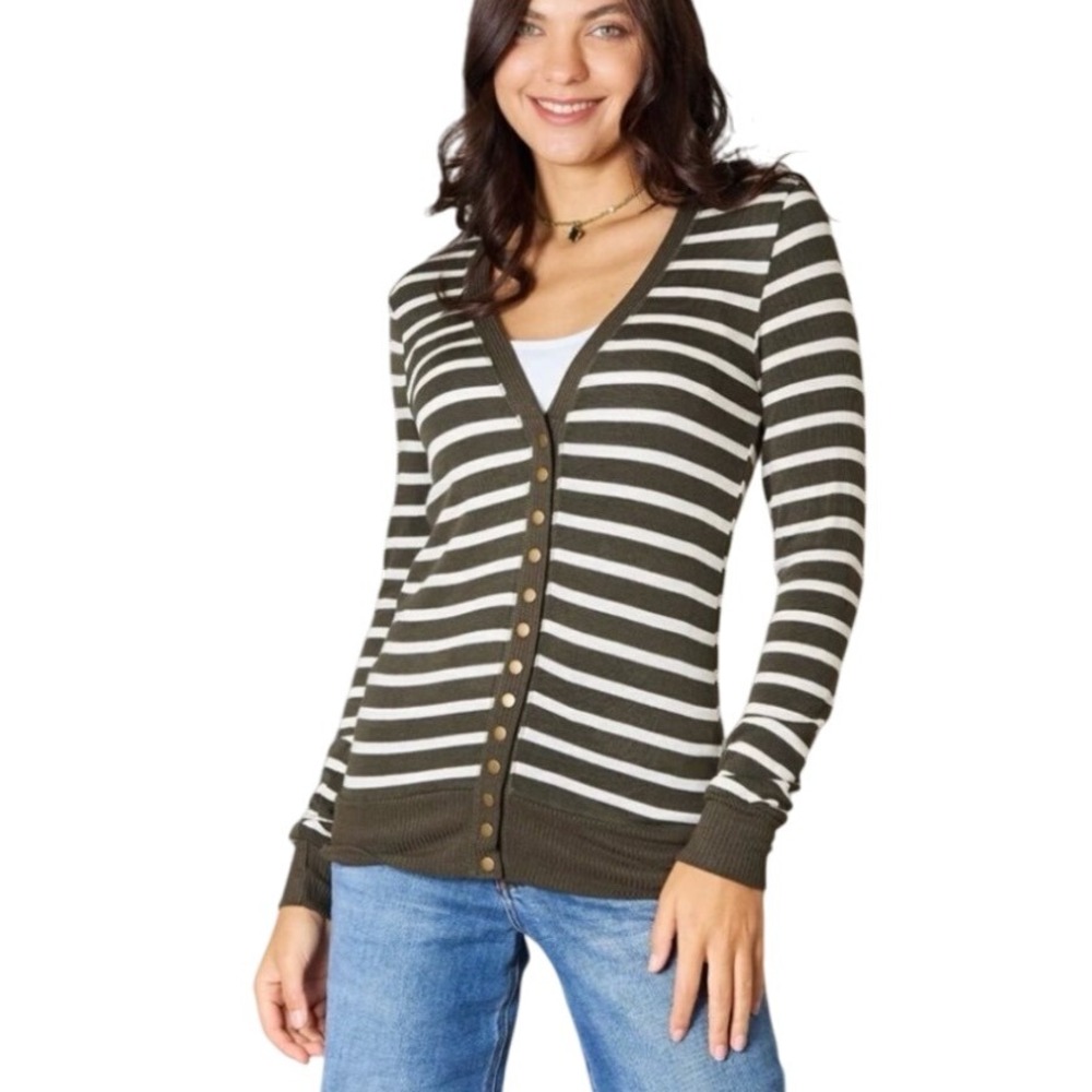 NEW‎ Zenana Women's S Olive Green White Striped Button Front Cardigan Long Slv
